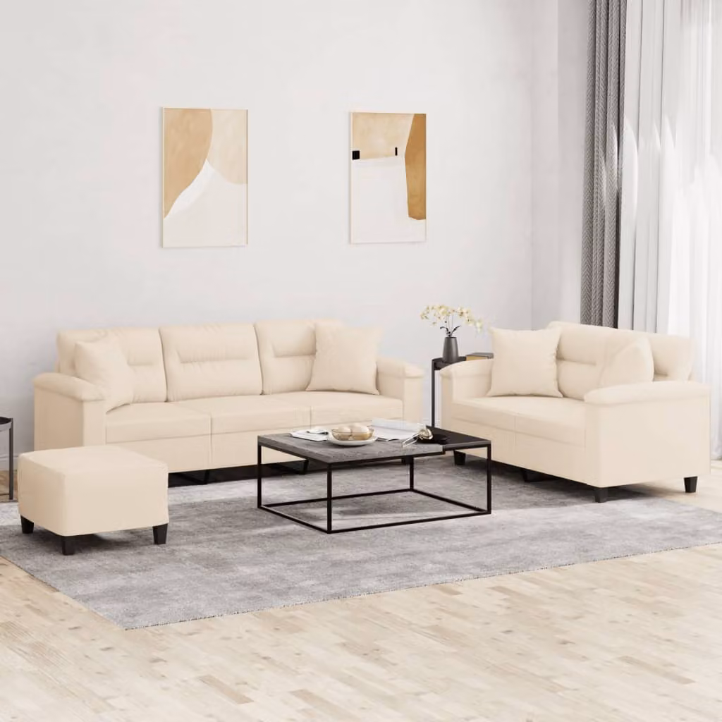 Set di Divani vidaXL 3 Pezzi in Microfibra Beige con Pouf e Cuscini per Soggiorno
