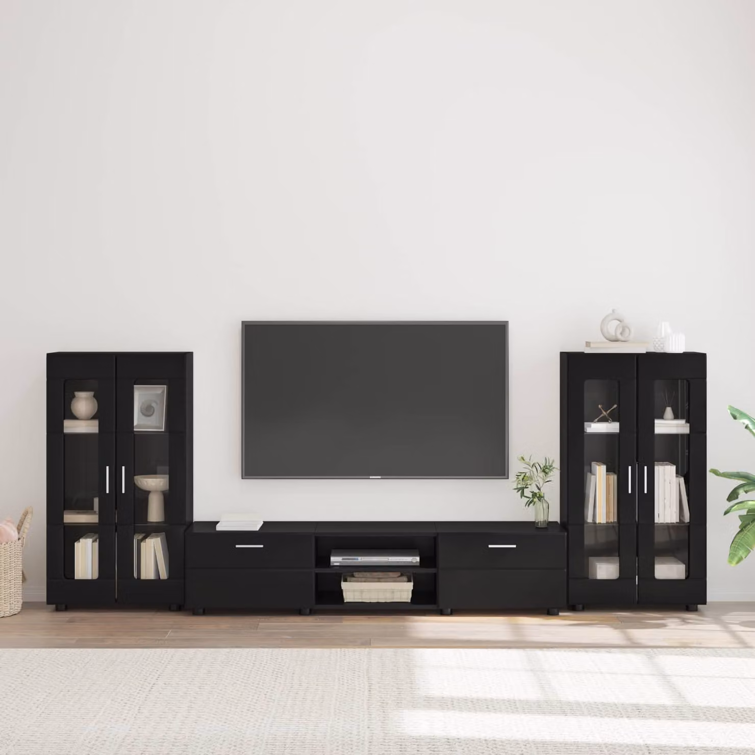 Set mobile TV moderno vidaXL FLORIN in legno nero con compartimenti multimediali L: 150 cm, P: 39 cm, H: 30 cm – 1