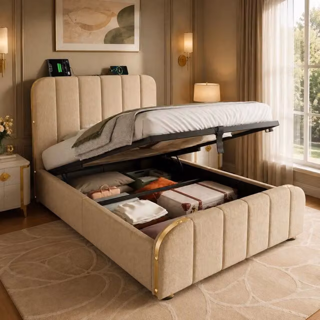 Letto contenitore 90 × 200 cm con testiera rivestita; USB Type-C; rete a doghe; lino beige e dettagli dorati