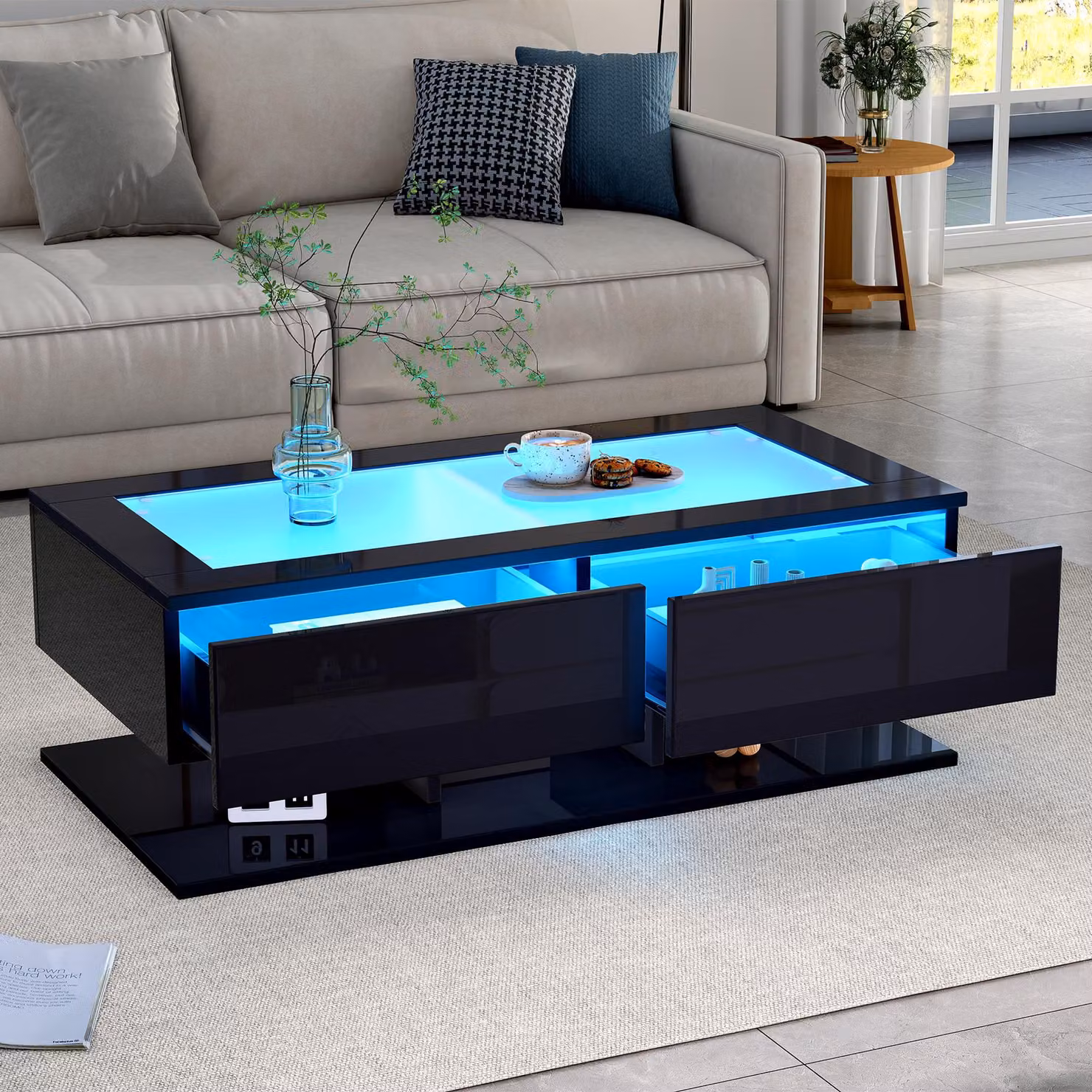 MODFU: Tavolino da conferenza lucido con illuminazione a LED, tavolino da salotto nero con 2 cassetti, tavolino con piano in vetro
