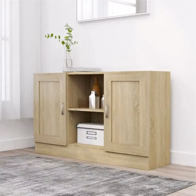 Credenza moderna vidaXL in legno e MDF color rovere, L: 120 cm, P: 30,5 cm, H: 70 cm