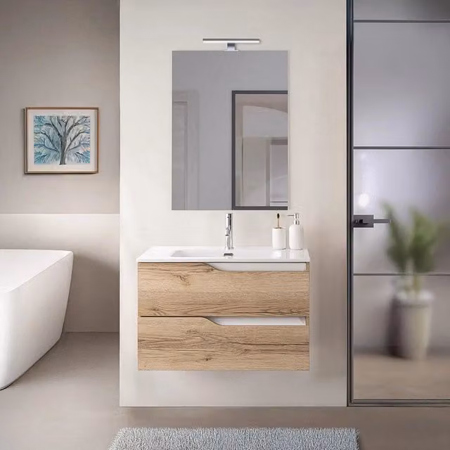 Mobile bagno sospeso Sumya con lavabo in finitura quercia e bianco con ante e cassetti soft-close L: 80 cm