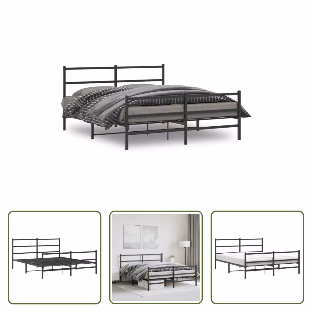 The Living Store Struttura letto con testiera e pediera in metallo nero 160x200 cm