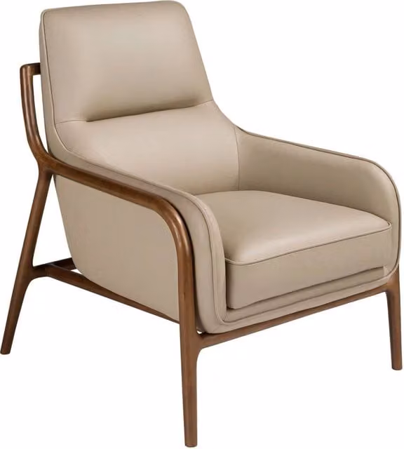 Poltrona moderna Angel Cerdá in pelle beige e marrone con struttura in legno e braccioli