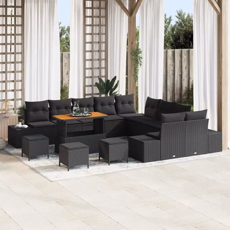 Set Divano da Giardino vidaXL 14 Pezzi a Forma di U in Polyrattan Nero con Cuscini e Tavolino