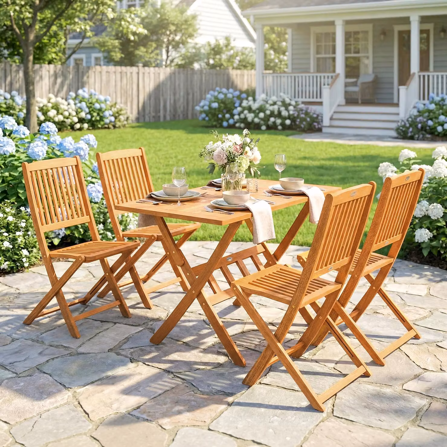 Set da pranzo da giardino Outsunny composto da tavolo quadrato e 4 sedie pieghevoli in legno di acacia marrone – 2