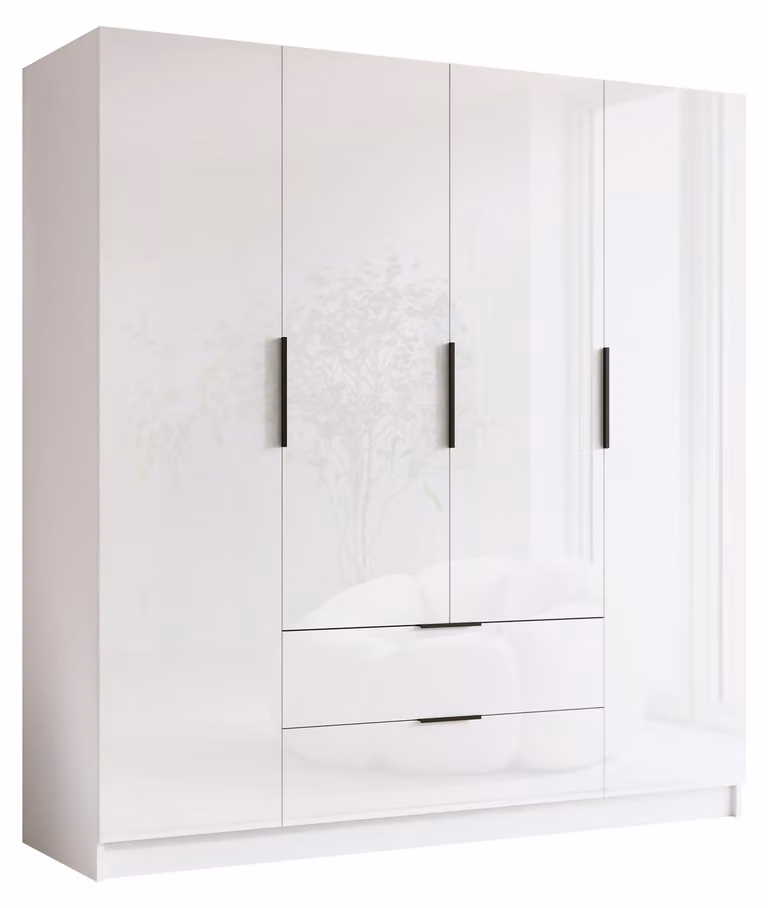 MIRJAN24 Armadio Sofia I 200, camera da letto, armadio a ante battenti, con asta appendiabiti, moderno, guardaroba, maniglie in metallo (colore: bianco / bianco lucido + nero)