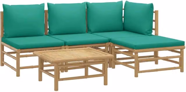 Set di mobili da giardino Outsunny in bambù verde composto da 5 pezzi con cuscini imbottiti e design moderno a L