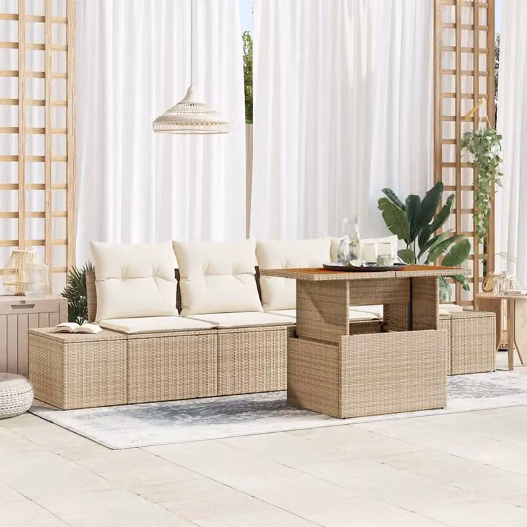Set Divano da Giardino vidaXL 5 Pezzi in Rattan e Metallo Beige con Cuscini e Tavolino