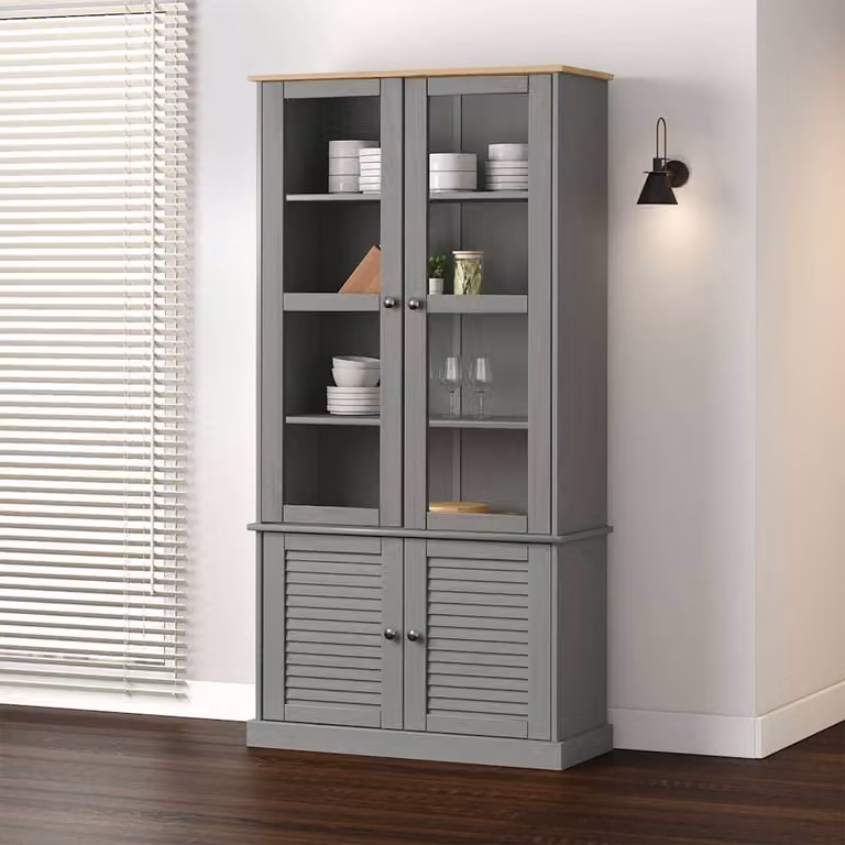 Vetrina VIGO vidaXL in legno massello di pino grigio con ante in vetro, L/P/H: 85 x 35 x 170 cm