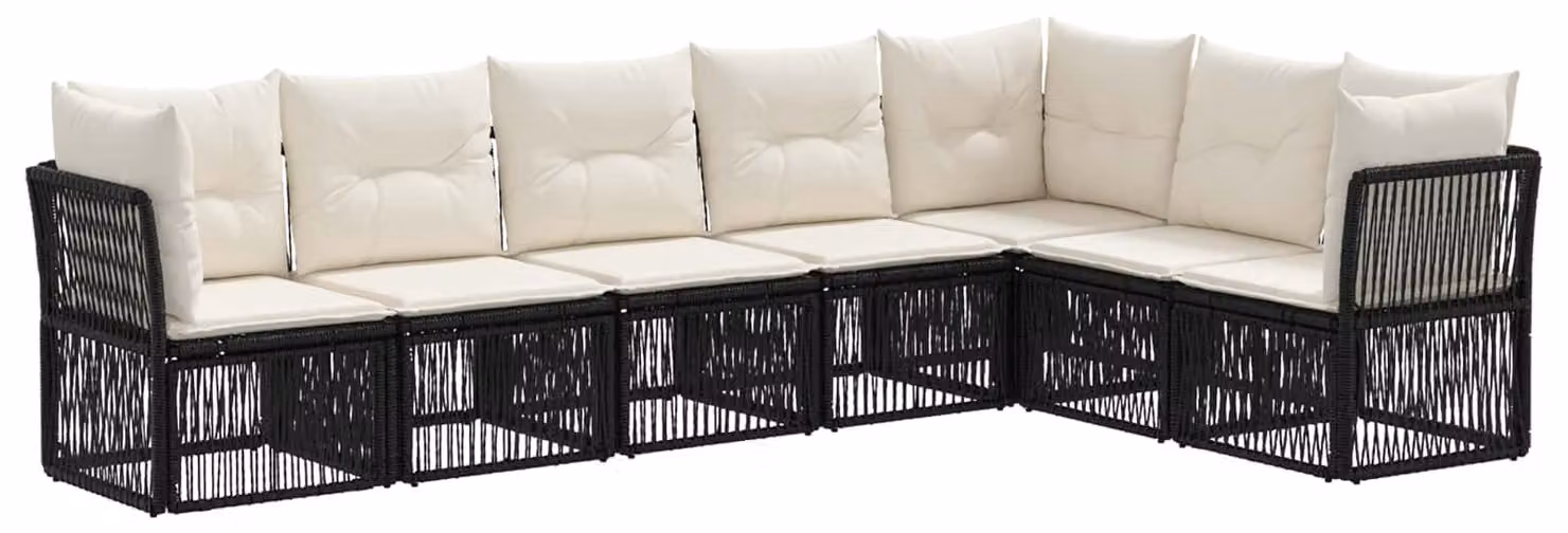 Set da giardino composto da 7 pezzi, colore nero, realizzato in rattan sintetico