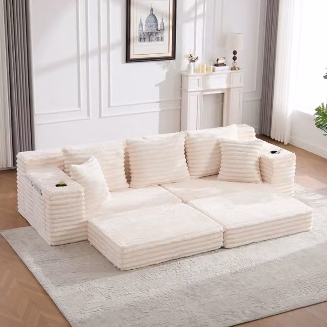 Divano in corduroy beige con funzione letto; tasche laterali; portabicchieri e schienale alto 273 cm