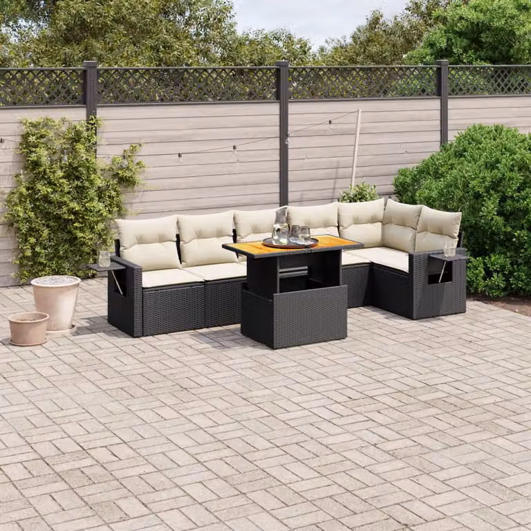 Set di divani da giardino vidaXL a forma di L in polyrattan nero con 7 pezzi e cuscini inclusi
