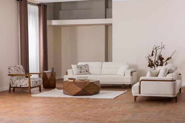 Sofagarnitur 3+3+1 Sitzer Modern Beigefarben Holzdetails Wohnzimmer Design