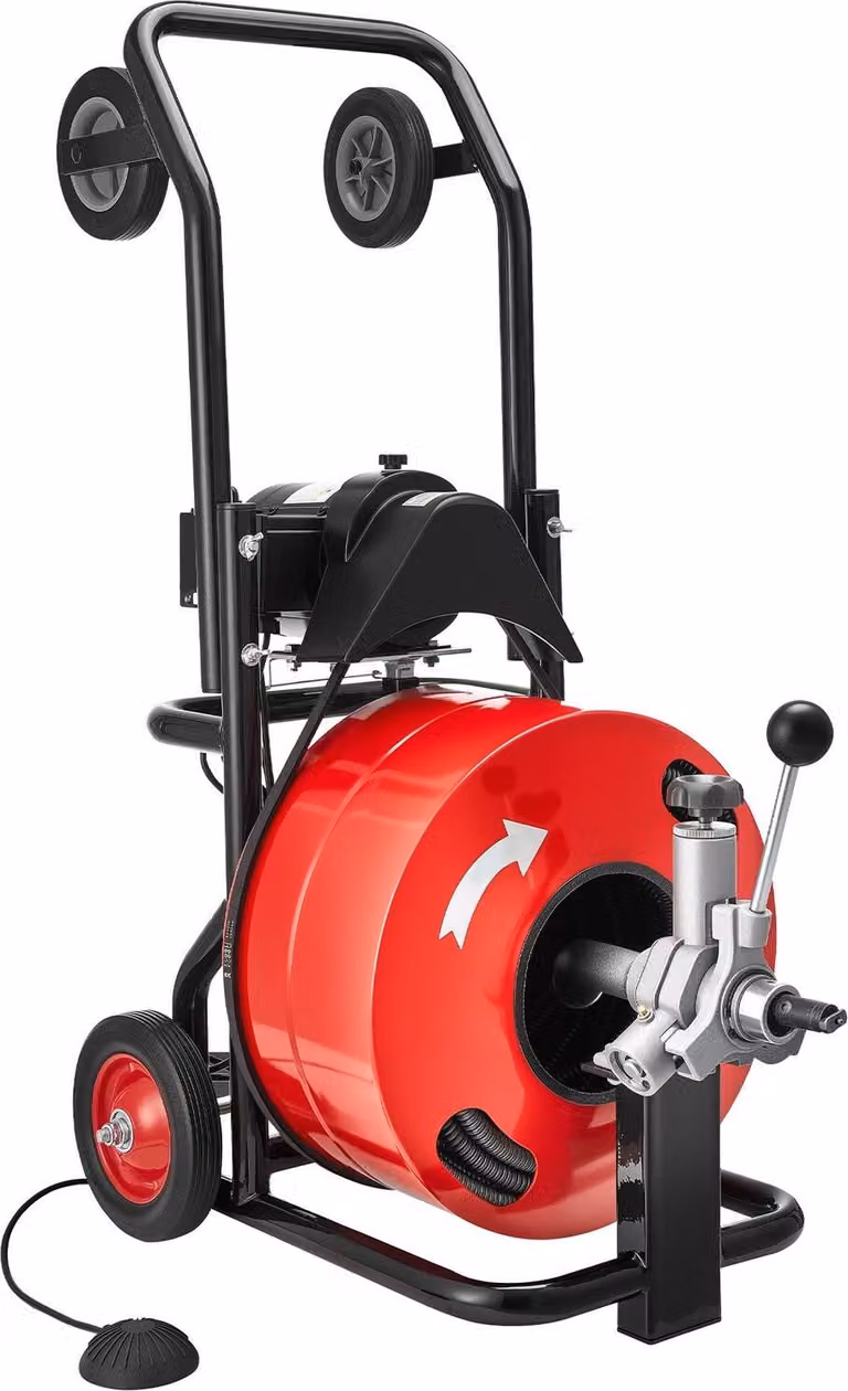 Macchina per la pulizia degli scarichi 30 m x 19 mm, sonda per fognature ad alimentazione automatica, macchina portatile per la pulizia degli scarichi con combinazione multi-ruota, 6 frese e interruttore a pedale attivato ad aria per tubi da 100 mm a 200