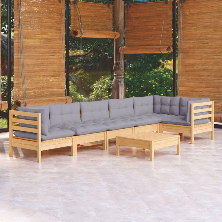 Set Divani da Giardino vidaXL 7 pz in Legno di Pino con Cuscini Grigi Moderni a Forma di L