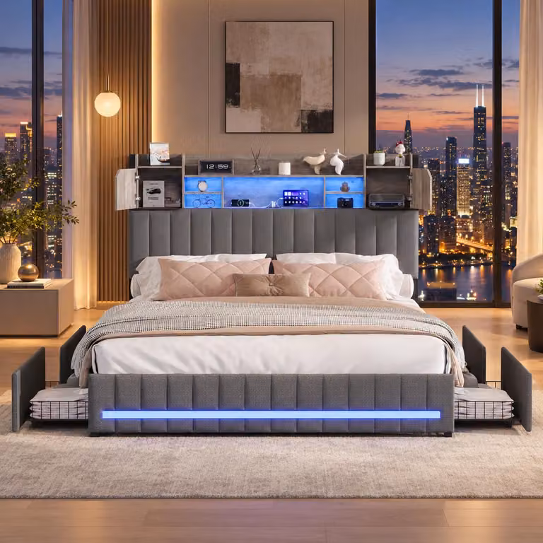 Letto imbottito INONEFT, 160x200 cm, con LED e USB, 4 cassetti, letto per ragazzi con testiera chiusa, struttura del letto con rete a doghe, colore grigio lino