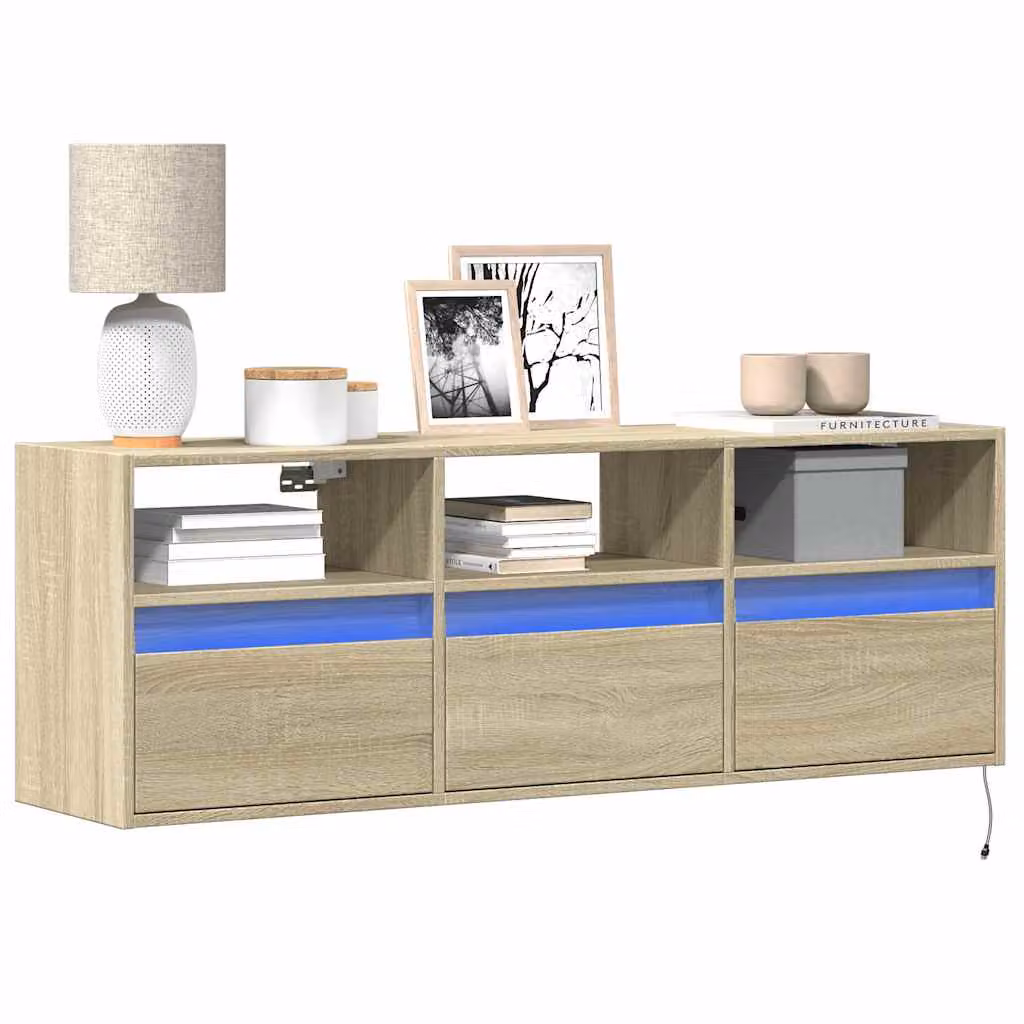 Mobile TV a parete con luci LED vidaXL in Rovere Sonoma, colore marrone, L 130 cm x P 31 cm x H 45 cm