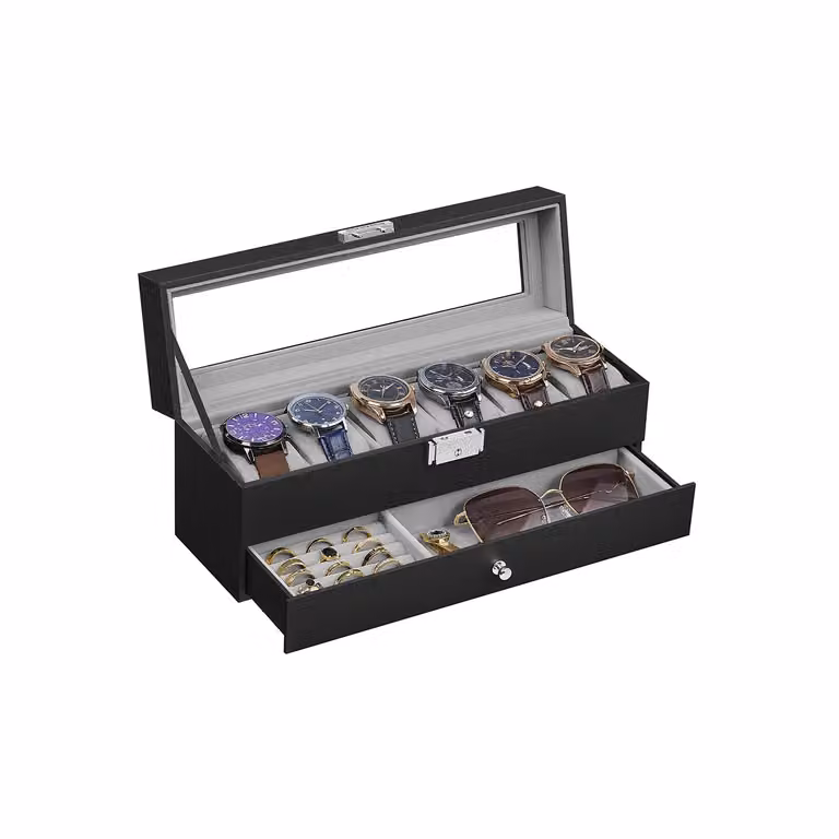 Porta Orologi a 6 Posti 2 Livelli con Chiusura Cassetto, Superficie in PU Nera + Interno Grigio
