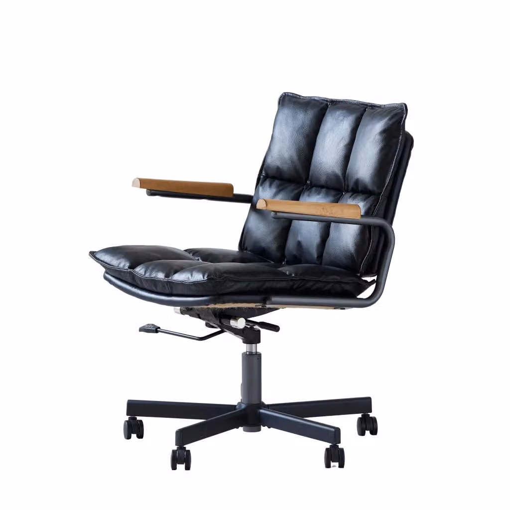 Sedia da ufficio girevole vintage in ecopelle nera con braccioli in legno e ruote per home office – 2