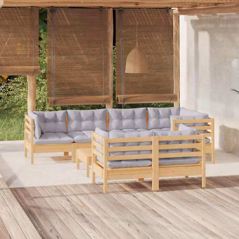 Set di divani da giardino vidaXL a forma di L composto da 8 pezzi in legno massello di pino con cuscini grigi