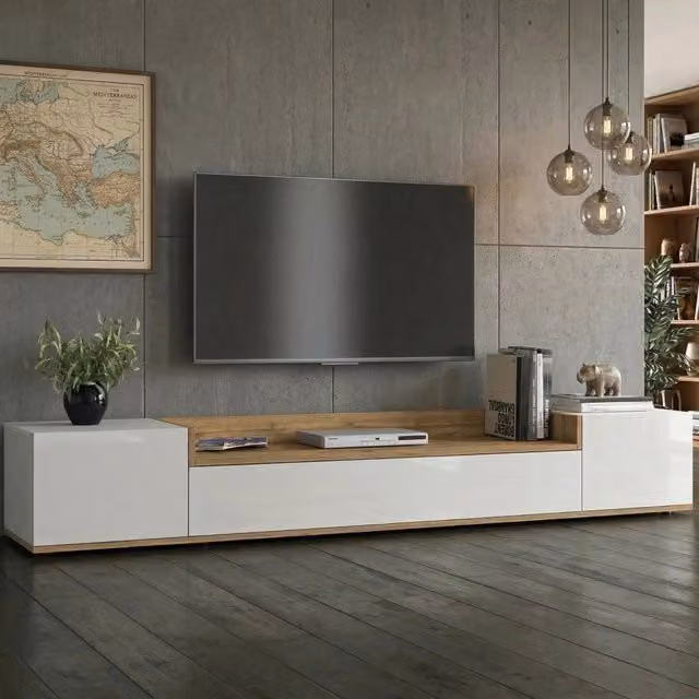 Oxanna, Mobile Porta tv 3 Ripiani Made in Italy, 200x35x30h cm Bianco Lucido