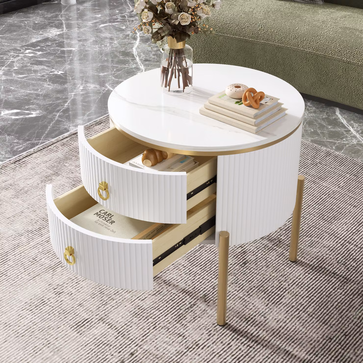 Tavolino Merax con cassetti e gambe in metallo dorato, tavolino effetto marmo, tavolino da salotto, 50x50x51cm, bianco