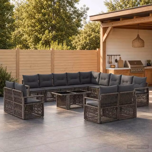 Set Divano da Giardino a L con Polyrattan e Tavolino da Esterno vidaXL, Grigio e Antracite, 14 Pezzi con Cuscini e Coperture Rimovibili – 1