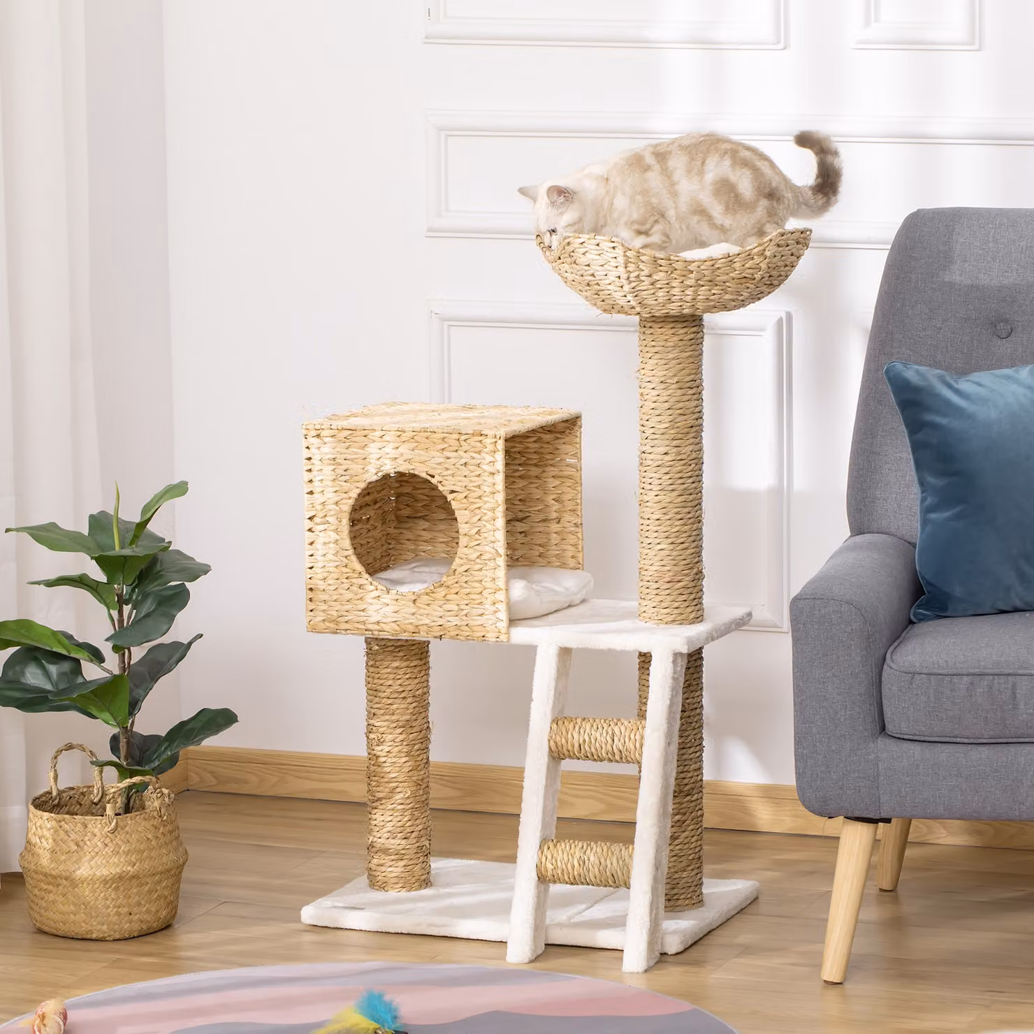 Albero per gatti PawHut con tiragraffi in sisal, grotta e giochi integrati, beige e multicolore, Altezza: 100,5 cm – 2