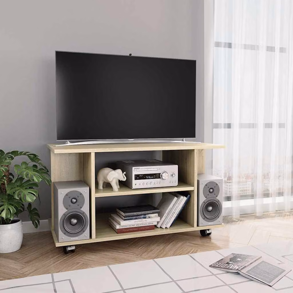 Mobile TV con Ruote vidaXL in Legno Multistrato Rovere Sonoma Marrone L: 80 cm, P: 40 cm, H: 45 cm