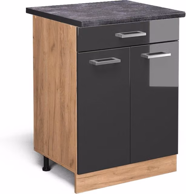 Mobiletto base per cucina R-Line Antracite lucido/Rovere dorato 60 cm con cassetto, PL Antracite Vicco