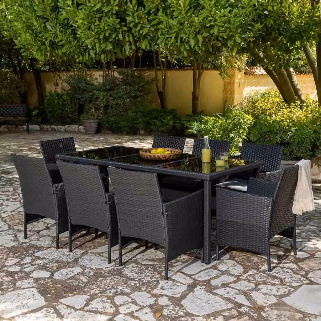 Set da giardino Wanderlust Deco composto da tavolo rettangolare in vetro e 8 sedie in polyrattan nero e grigio – 2