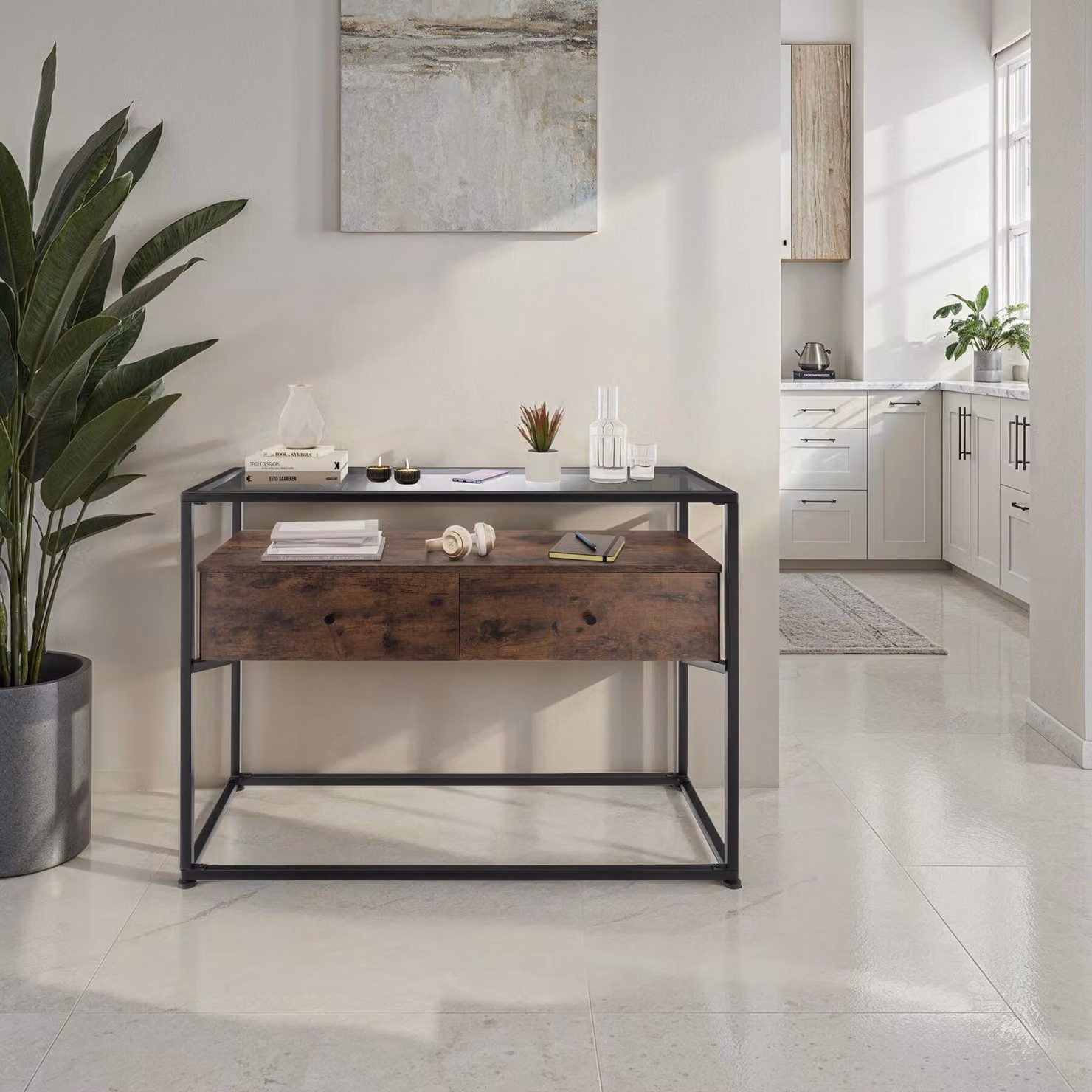 Tavolo console Reading tectake in stile industriale color marrone con piano in vetro, L: 101,5 cm, P: 41,5 cm, H: 80,5 cm – 2