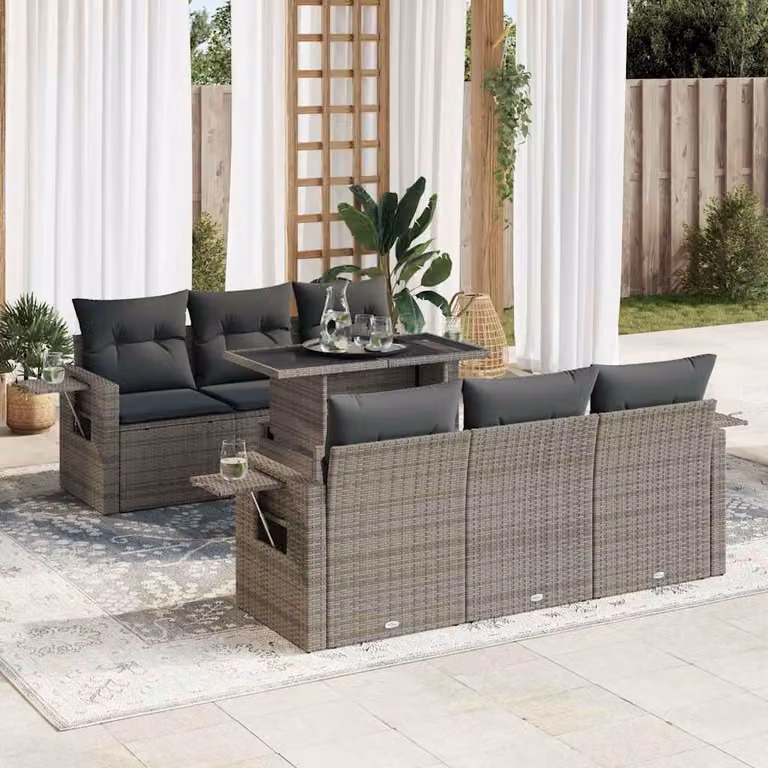 Set da giardino vidaXL in polyrattan grigio composto da 7 pezzi con cuscini e tavolino da esterno