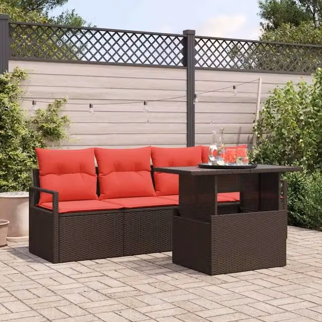 Set Divano da Giardino 5 pz 4-Numero di posti Marrone e Rosso 3348730