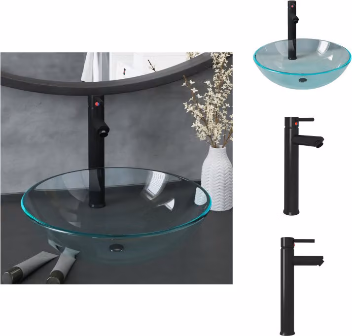 vidaXL Set di lavabo con rubinetto e scarico in vetro temperato trasparente - Lavabo da bagno