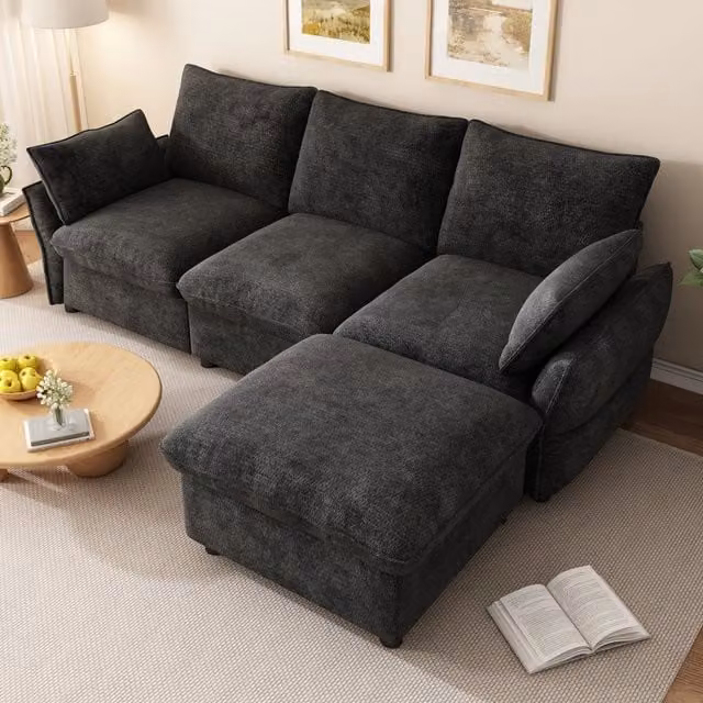 Divano angolare moderno WISHDOR a 3 posti in tessuto antracite con ottomana e 2 cuscini, L/P/H: 222,5 x 154,5 x 76,5 cm – 1