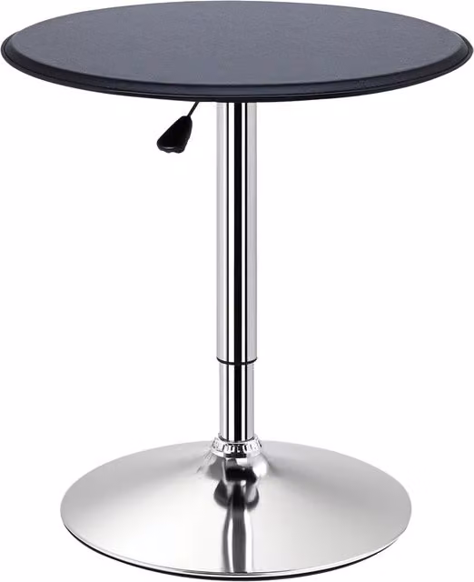 Tavolo bar rotondo Xylo nero con base in metallo cromato e piano in MDF, altezza regolabile da 67 a 93 cm