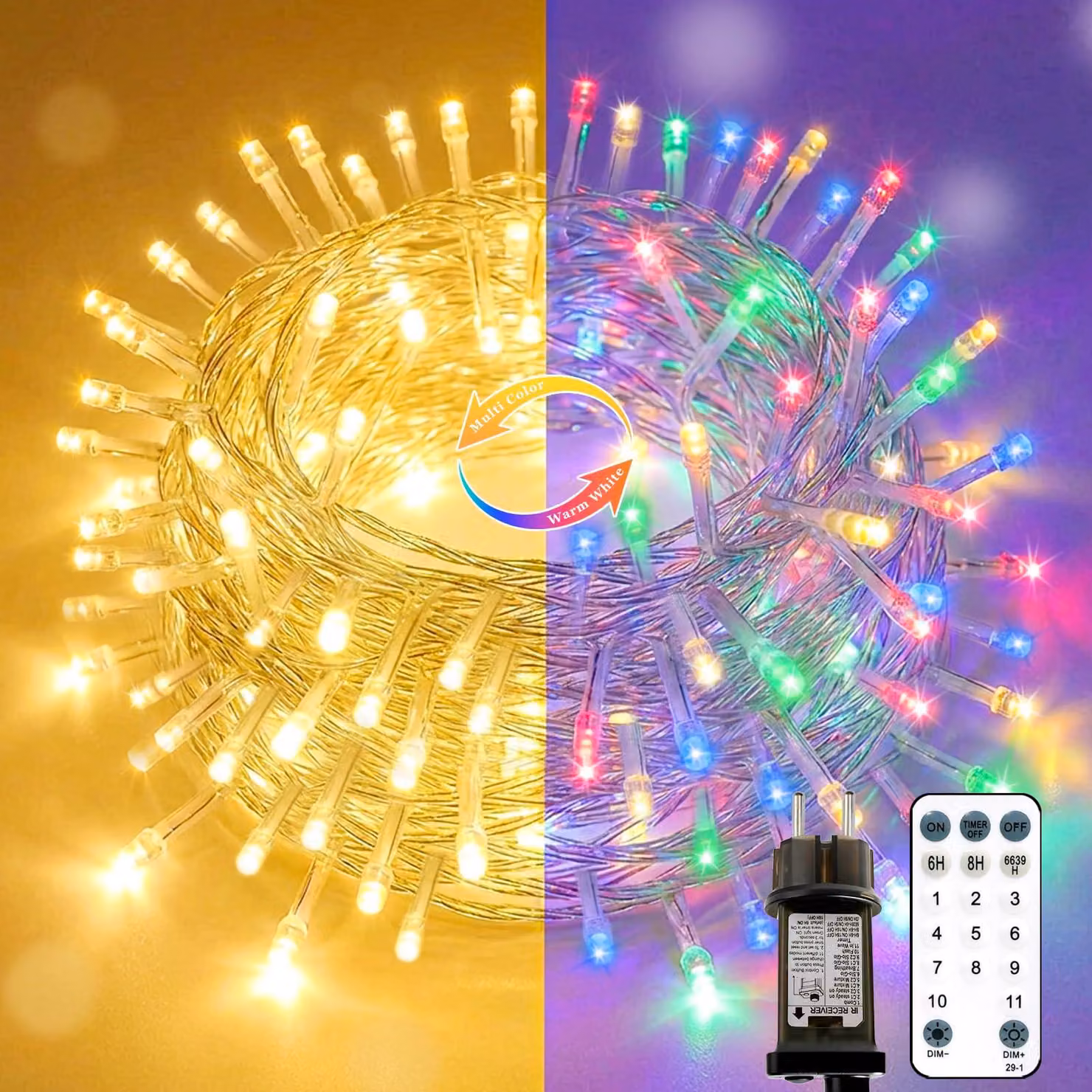 Catena luminosa a LED, 20 metri, 200 LED, con cambio colore, dotata di telecomando e timer
