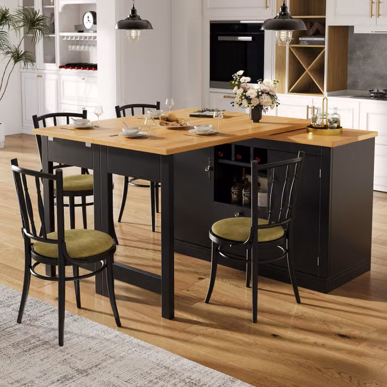 okwish Mobile da cucina a isola allungabile con funzione girevole a 360° e scomparti regolabili, tavolo bar con maniglie in metallo e sistema estraibile, nero, naturale