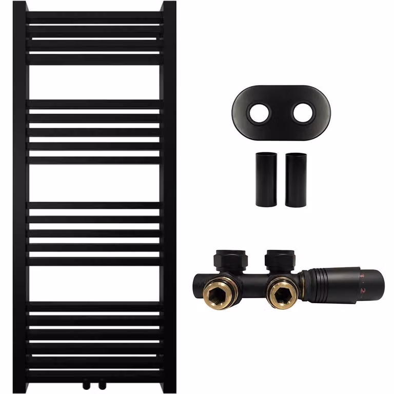 CERANO - Set di radiatori da bagno Franko - riscaldamento centralizzato - attacco centrale da 50 mm - 392 W - nero opaco - 1200 x 500 mm