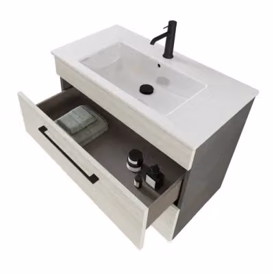 Mobile bagno sospeso Smart bianco e legno con specchio e illuminazione LED – 2