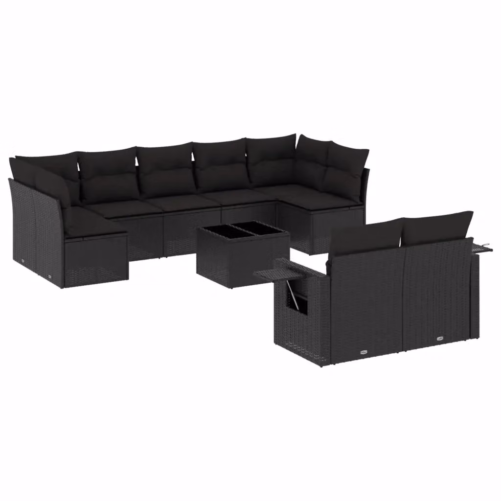 vidaXL Set Divani da Giardino 10 Pezzi in Polyrattan Nero con Cuscini e Tavolino da Esterno a Forma di U – 2