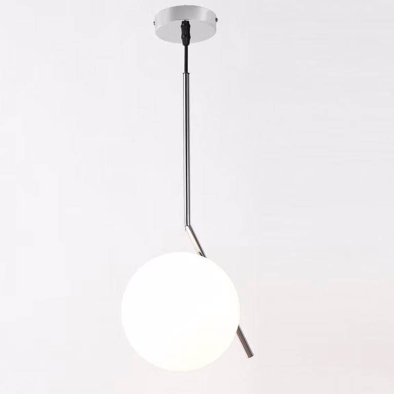 lampada a sospensione "MOON" Ø18cm in vetro opalino E27, design minimalista in argento lucido per interni di design e moderni