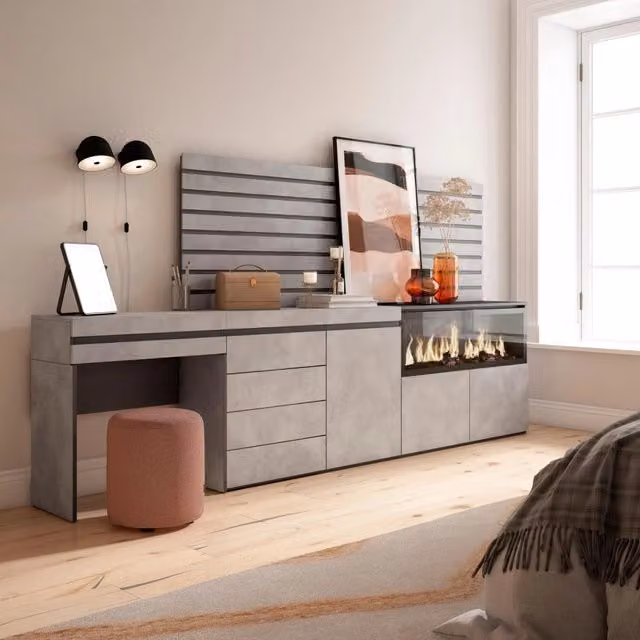Tavolo da toeletta SKRAUT HOME con camino elettrico XXL, cassettiera e pannelli decorativi, grigio cemento, L: 284 cm, P: 35 cm, H: 145 cm