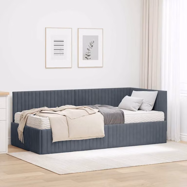vidaXL Struttura Letto Angolare con 2 Materassi in Velluto Grigio L/P/H: 190 x 90 x 72 cm