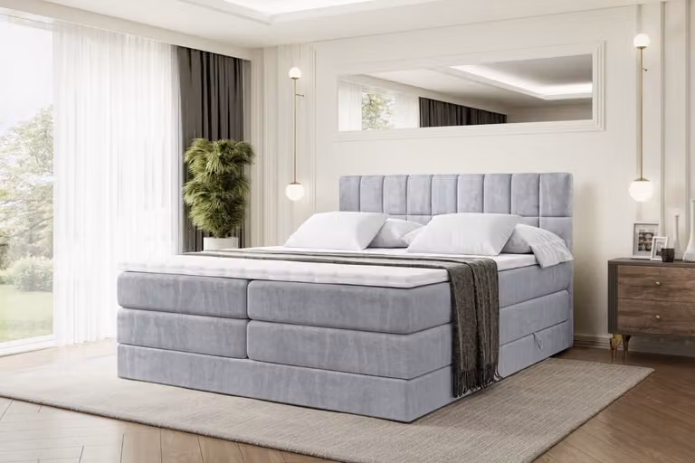 Letto boxspring ALTDECOR con 2 materassi e topper - 160x200 cm - MIAMI KING - Velluto grigio chiaro - Letto imbottito con materassi H3 e H4, contenitore e rete a doghe, letto con spazio contenitivo