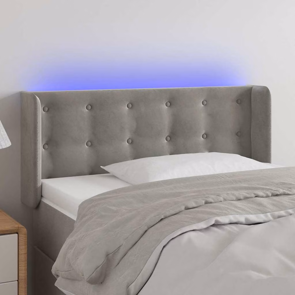 Testiera per letto vidaXL in velluto grigio chiaro con illuminazione LED e porta di ricarica USB, L 93 cm, P 16 cm, H 78-88 cm