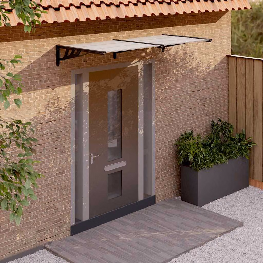 Tettoia per porta vidaXL in policarbonato e alluminio, Nero e Trasparente, L: 199 cm, P: 90 cm