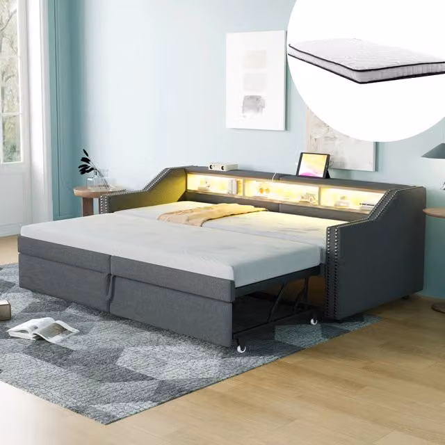 Divano letto estraibile imbottito 90/180 x 200 cm con vano multiuso, luce LED e presa USB, rete a doghe, con due materassi a molle - Grigio scuro